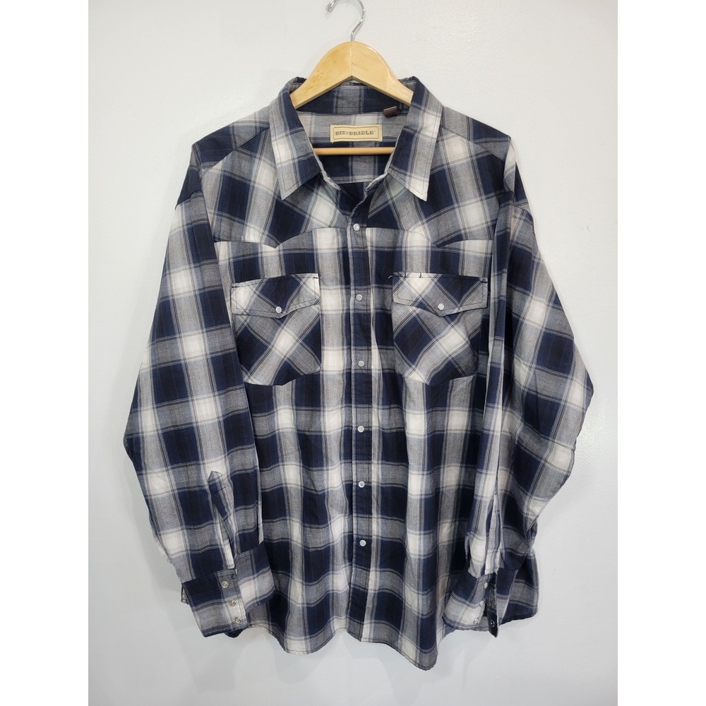 Bit & Bridle Mens 3X Plaid Long Sleeve Western Snap Front Shirt Navy White‎